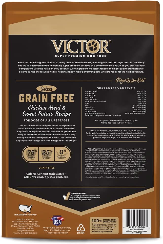 VICTOR Grain Free Chicken Meal & Sweet Potato Dry Dog Food, 5 lb | Super Premium Dog Food, 33% Protein, 16% Fat, For Dogs of All Life Stages, High Protein Kibble for Normally Active Dogs