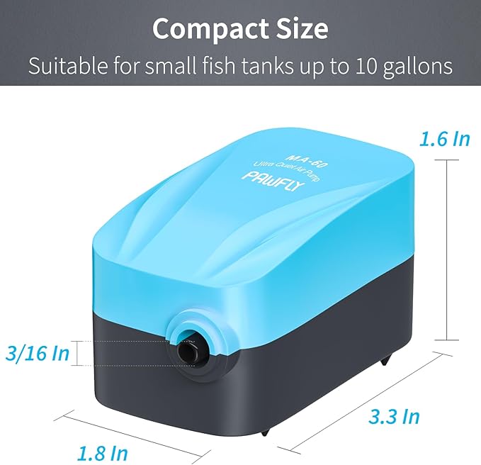 Pawfly Aquarium Compact Air Pump for 3-20 Gallon Buckets and Fish Tanks Quiet Oxygen Aerator Pump with Air Stone, Nano Bio Sponge Filter, Airline Tubing and Check Valve Accessories