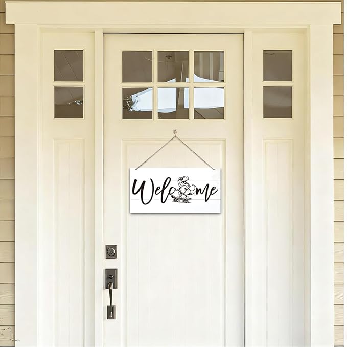 Welcome Sign for Front Door, Welcome Decor Wooden Hanging Sign, Fun and Trendy Dinosaur Wall Hanging Decor, Funny Wooden Outdoor Front Door Decoration 13.8X6.9 inches