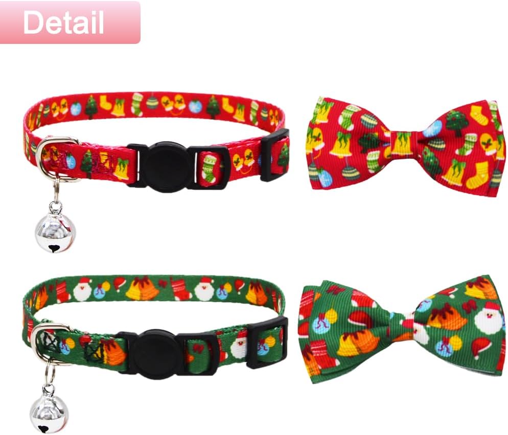 2 Pack Christmas Cat Collar with Bow Tie and Bell X-mas Breakaway Kitten Collars with Bowtie Safety Red and Green