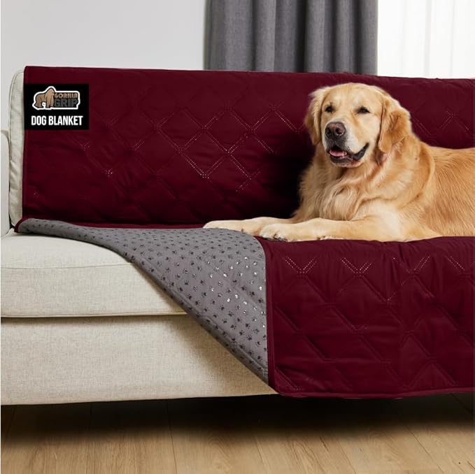 GORILLA GRIP Waterproof Bed Cover for Dogs, 82x82, Gripped Slip Resistant Backing, Leak Proof Washable Dog Blanket Covers Sofa, Couch, Sectional, Crate, Car, RV Seats, Pet Puppy Essentials, Burgandy