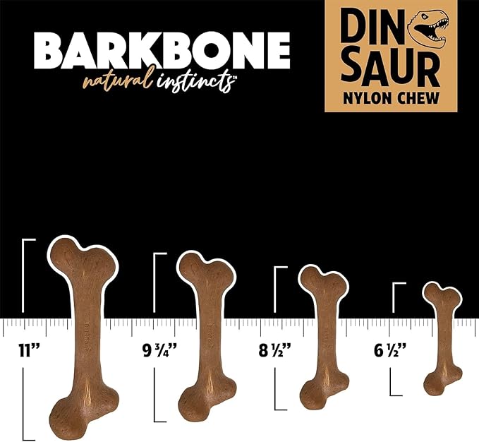 Pet Qwerks Dinosaur BarkBone, Nylon Dog Bone for Aggressive Chewers Chew Dog Toy, Bacon Flavor - Medium 8.5"