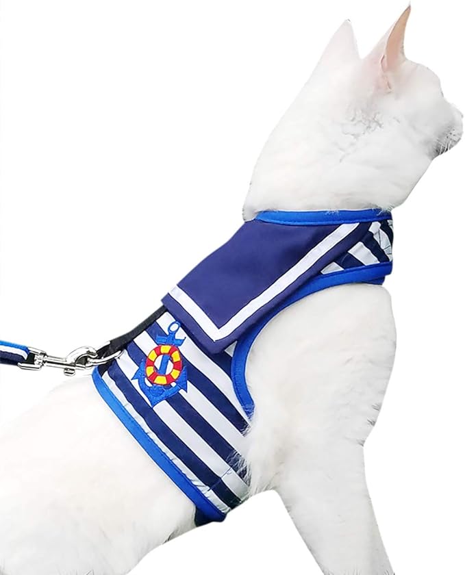 Cat Harness and Leash for Walking Escape Proof, Adjustable Cat Vest Harness, Padded Stylish Cat Walking Jackets, Sailor Suit Navy, X-Small