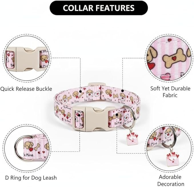 Pink Dog Collar, Girl Dog Collar with Cute Dogs and Hearts, Cute Spring Summer Food Collar with Soft & Breathable Fabric, Adjustable Pet Collar for Small Dogs