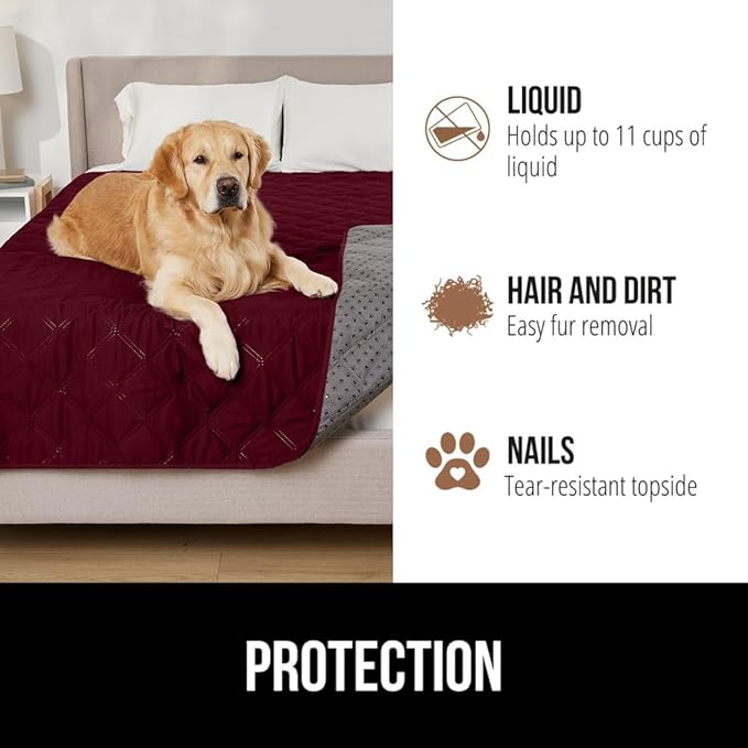 GORILLA GRIP Waterproof Bed Cover for Dogs, 82x82, Gripped Slip Resistant Backing, Leak Proof Washable Dog Blanket Covers Sofa, Couch, Sectional, Crate, Car, RV Seats, Pet Puppy Essentials, Burgandy