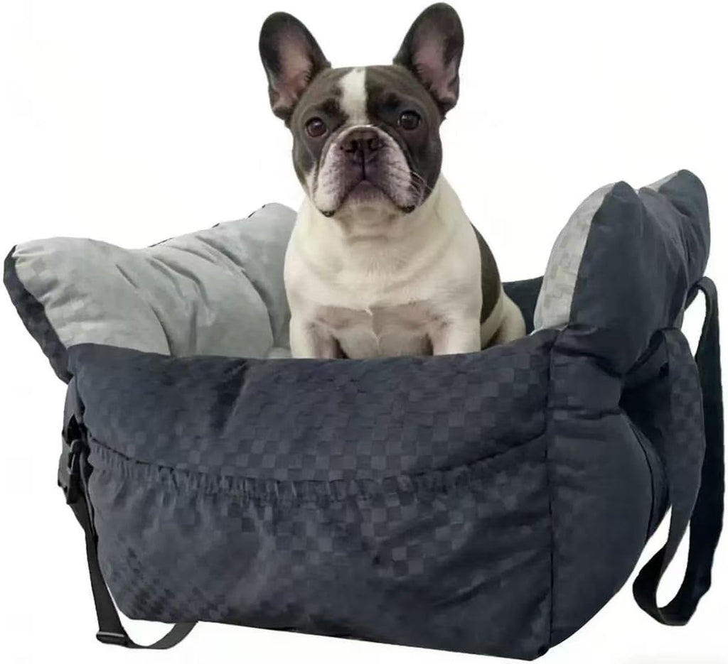 Dog Car Seat Bed for Small & Medium Dogs, with Built-in Safety Belt, Anti-Anxiety Calming Sofa Bed, Portable & All-Season Soft Pet Car Bed with Bonus Squeaky Duck Toy (Black and White Checkered)