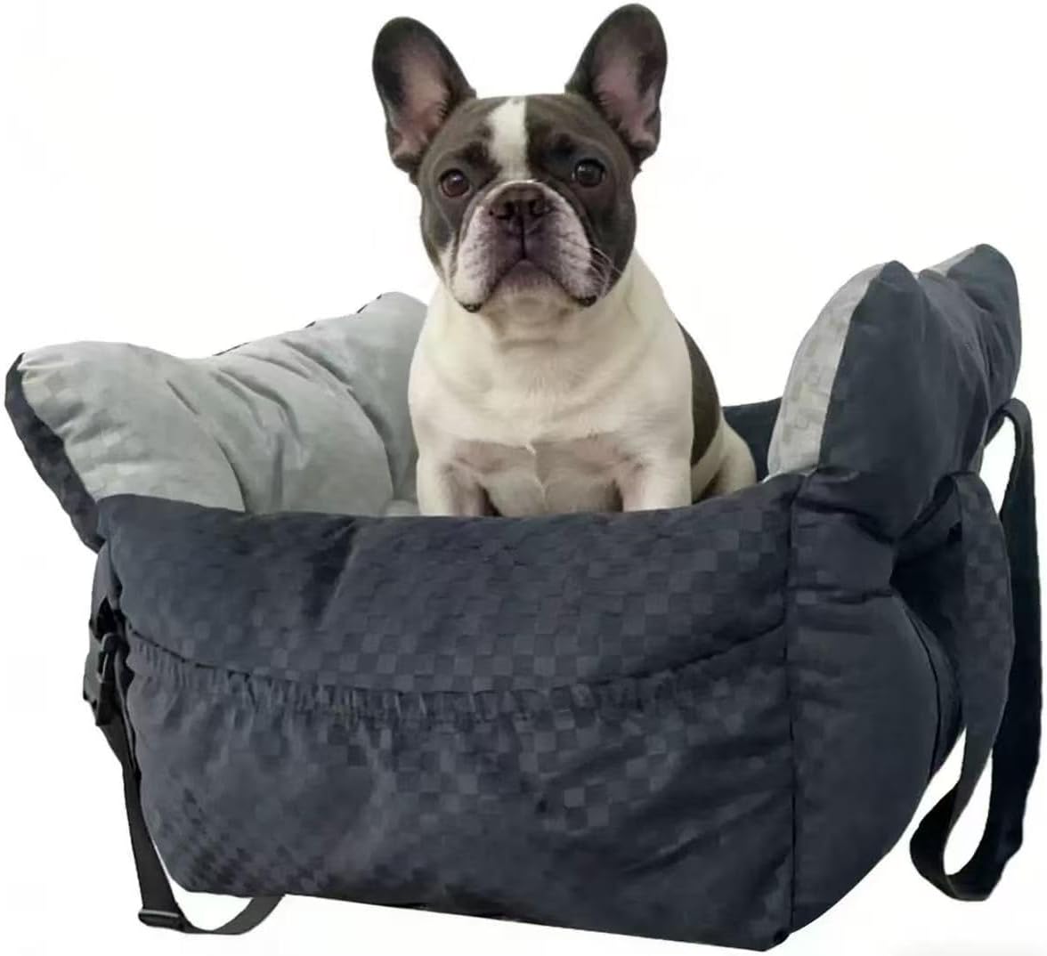 Dog Car Seat Bed for Small & Medium Dogs, with Built-in Safety Belt, Anti-Anxiety Calming Sofa Bed, Portable & All-Season Soft Pet Car Bed with Bonus Squeaky Duck Toy (Black and White Checkered)
