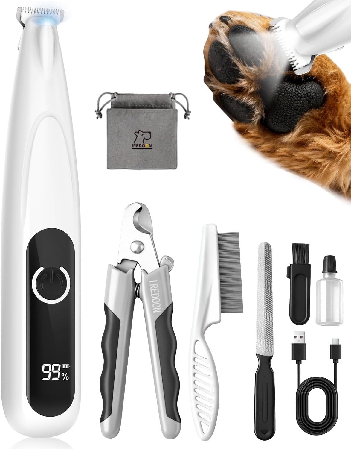 IREDOON Dog Paw Trimmer with LED Light, 8PCS Grooming Kit for Dogs & Cats | 35dB Low-Noise,Safe Curved Ceramic Blade, Cordless Precision Pet Hair trimmer for Grooming, for Paws, Eyes, Ears, Face, Rump