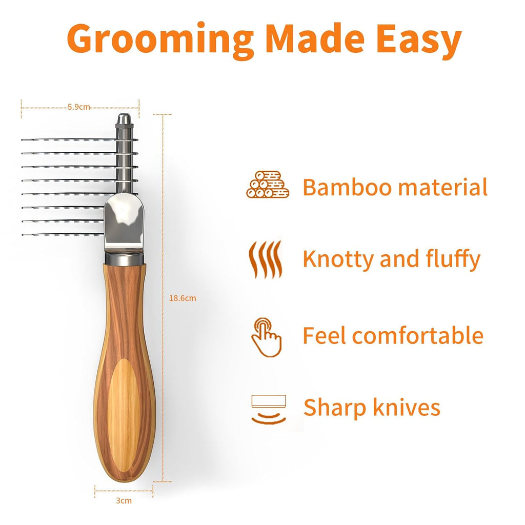 Pet Dematting Comb with Bamboo Handle, Dog Cat Grooming Brush for Removing Mats, Knots, Tangles & Loose Fur, Stainless Steel Undercoat Rake for Long & Short Haired Pets