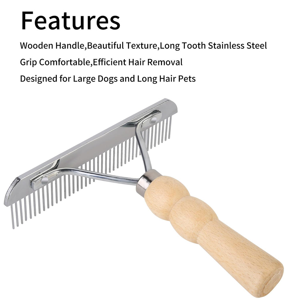Undercoat Grooming Rake with Anti-Slip Wooden Handle, Steel Comb for Medium & Large Pets