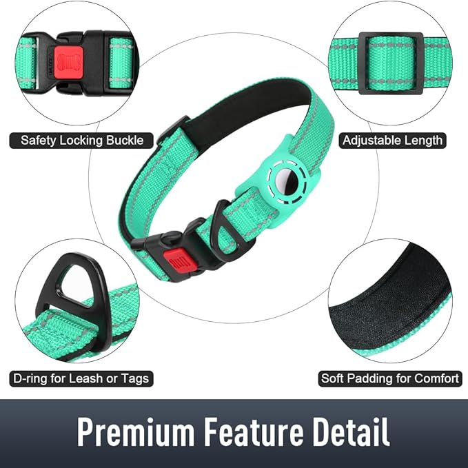 Airtag Dog Collar with AirTag Holder for Puppy Small Dogs, Reflective, Soft Padded & Safety Locking Buckle, Nylon Pet Collars Adjustable for All Breeds, Teal,XS
