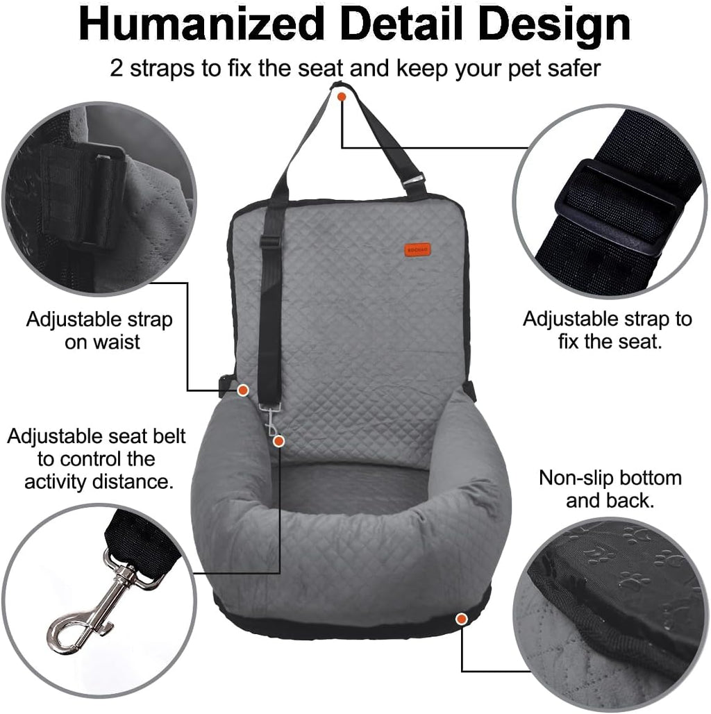 Dog Car Seat for Small Medium Dogs Pet Up to 40 lbs Gray | Detachable Washable, Soft Pet Booster Travel Bed for Front & Seat with Safety Leash Belt