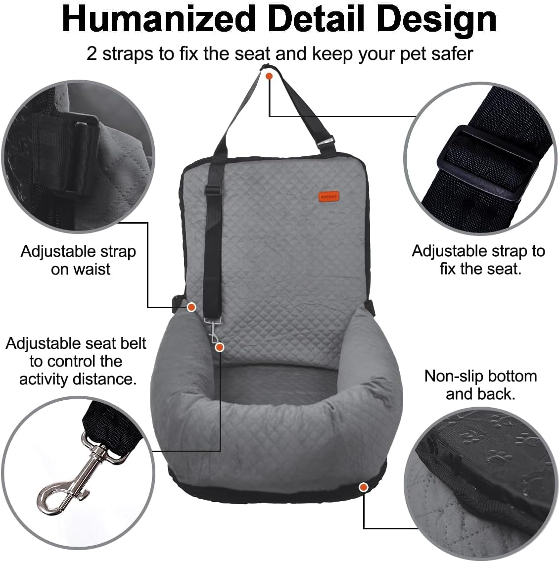 Dog Car Seat for Small Medium Dogs Pet Up to 40 lbs Gray | Detachable Washable, Soft Pet Booster Travel Bed for Front & Seat with Safety Leash Belt
