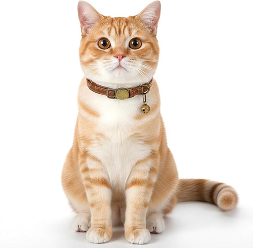2 Pcs PU Leather Cat Collar Breakaway with Bell, Personalized Adjustable Cat Collars Retro Collars Pet Leather Collar with Quick Release Buckle for Cats Kittens