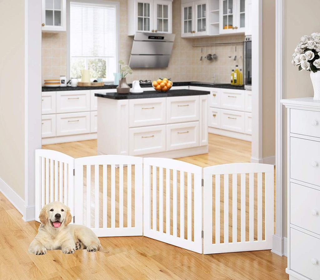 PAWLAND Wooden Freestanding Foldable Pet Gate for Dog,24" H Dog Gate Indoor | Dog Gate for Doorway, Stairs, the House, Step Over Fence, Extra Wide, Room Divider, Front Door, Hallway, 4 Panels, White
