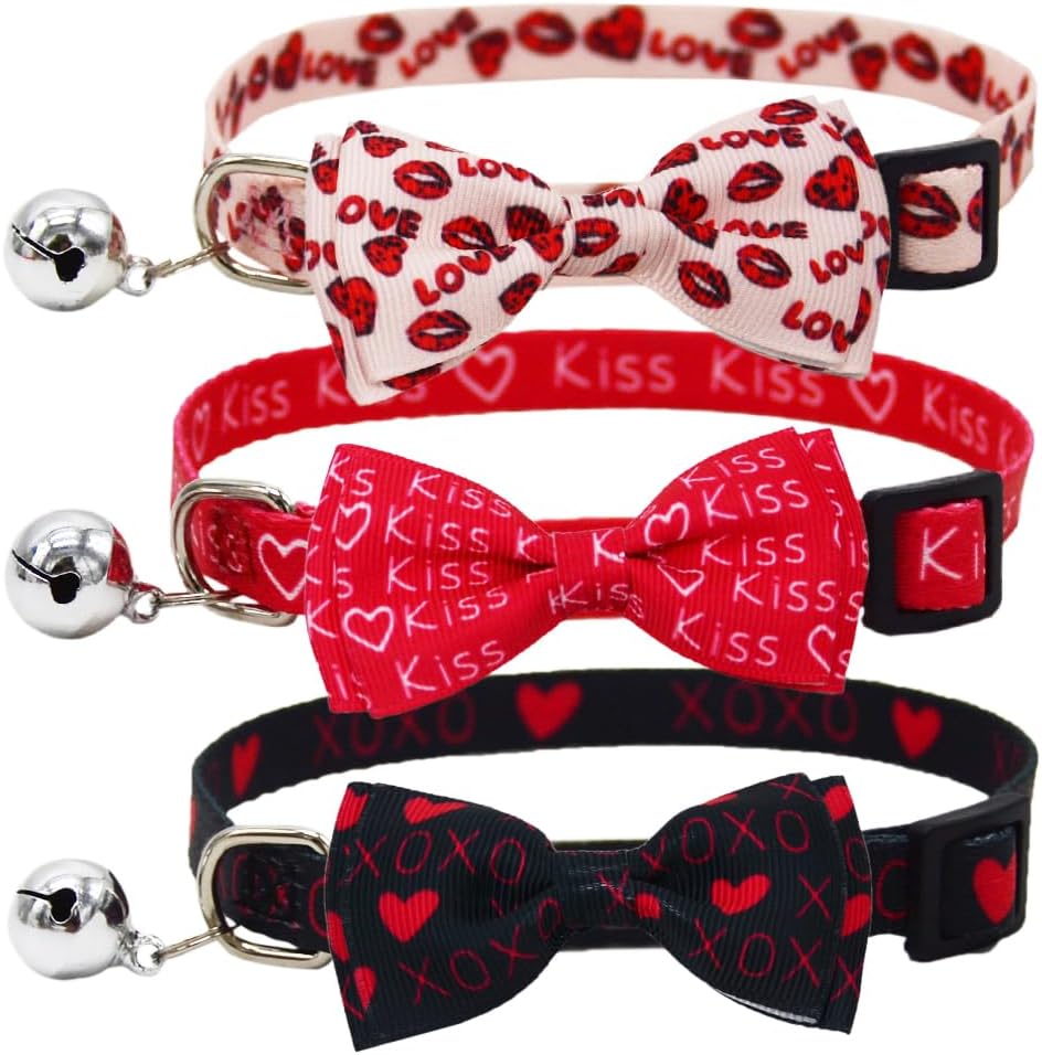 3PCS Valentines Day Cat Collar with Bow Tie and Bell Heart Love Red Lips Kiss XOXO Pattern for Small Medium Large Kitten Black Pink and Red