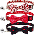 3PCS Valentines Day Cat Collar with Bow Tie and Bell Heart Love Red Lips Kiss XOXO Pattern for Small Medium Large Kitten Black Pink and Red