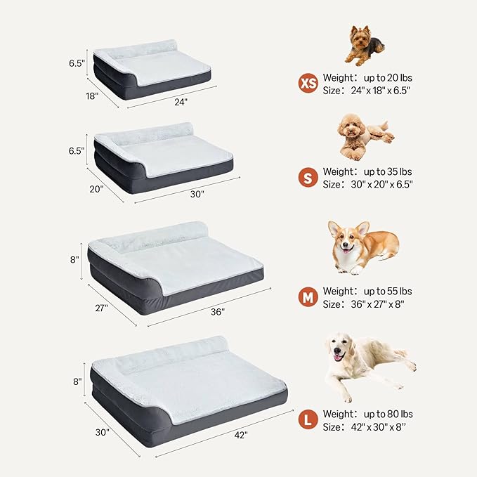 Amazon Basics Washable L-Shaped Dog Bed for Small Dogs, Anti-Slip Pet Sofa Bed for Indoor Dogs, Crate Bed, 30x20x6.5 Inches, Gray, Small