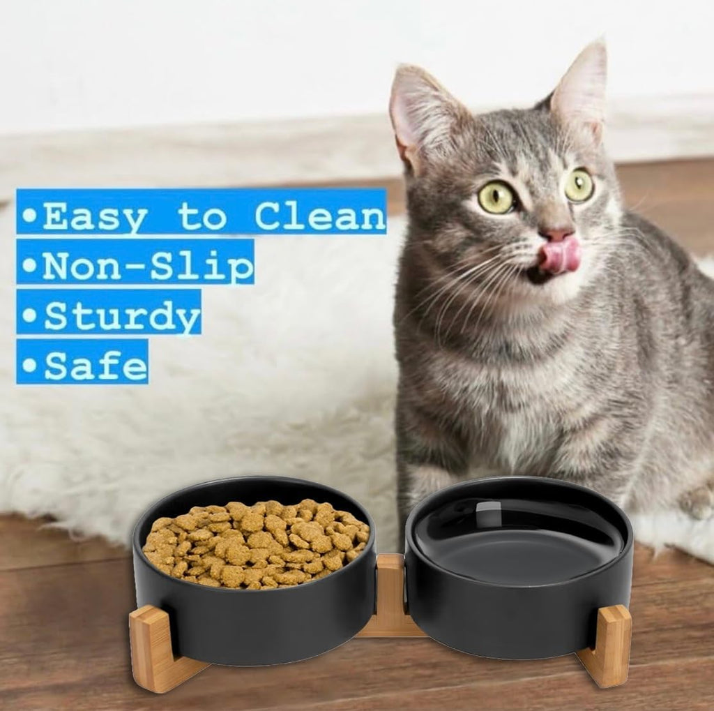 Ceramic Cat and Small Dog Bowl Set – Modern Indoor Small Size Pet Food and Water Bowls with Wood Stand – Non Slip Puppy Sized Feeding Station with Double Dishes (Black)