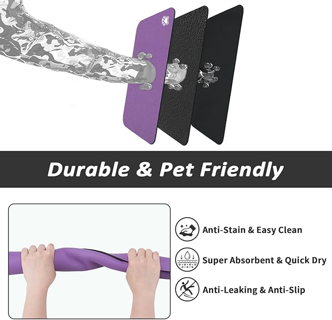 Dog Food Mat - Absorbent Cat Mat for Food and Water, No Stains Pet Feeding Bowl Mat, Easy to Clean Pet Placemats, Quick Dry Dog Water Dispenser Mat for Messy Drinkers | Paw Purple 18"x34"