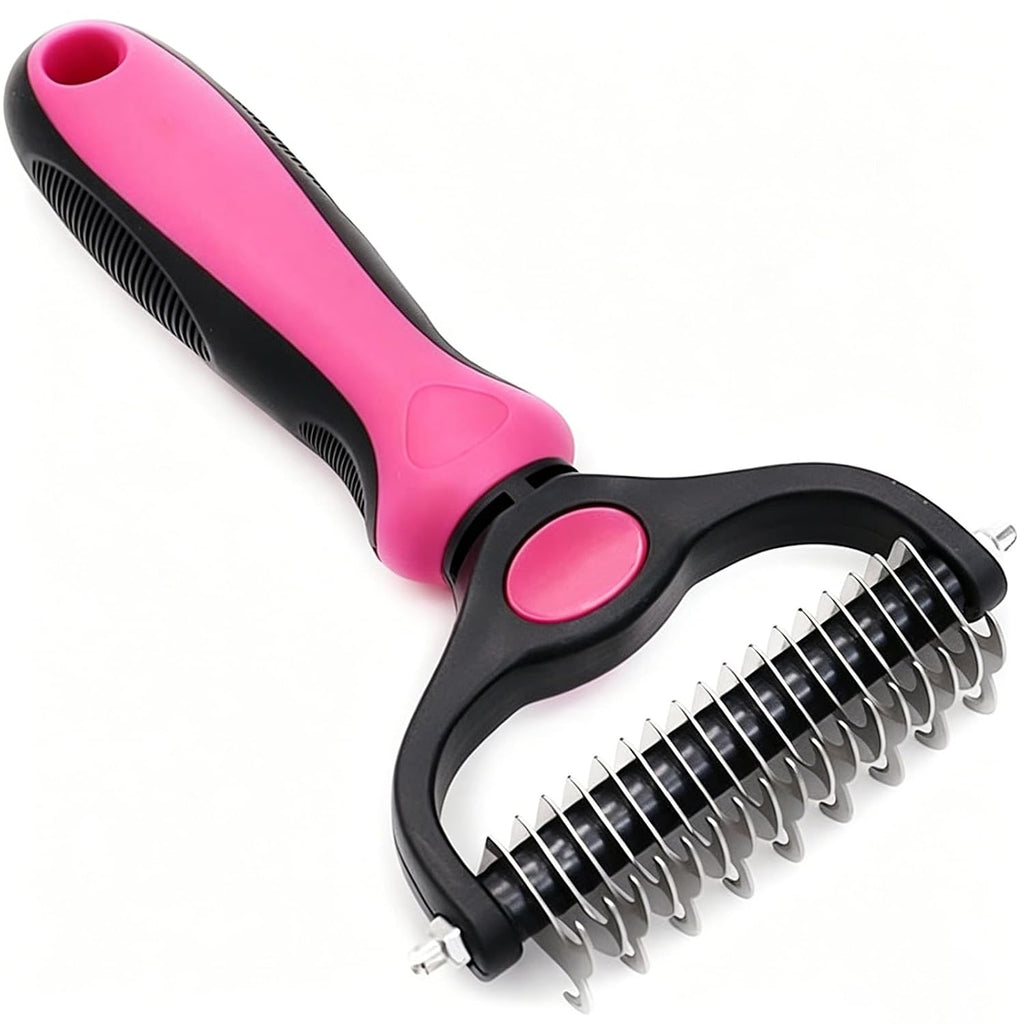 Pet Grooming Rake for Dogs & Cats - Double-Sided Deshedding and Dematting Tool, Gently Remove 95% of Loose Undercoat & Mats for Long-Haired Pets, Painless Fur Brush for Shedding Control (Pink)