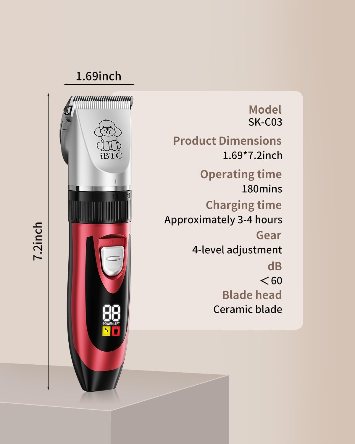 iBTC Dog Shaver Clippers Low Noise Rechargeable Cordless Electric Quiet Hair Clippers Set for Dogs Cats Pets Features a Ceramic Blade Head that is Removable (red)