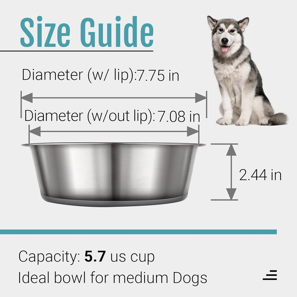 Nonslip Stainless Steel Dog Bowls, 5.7 US Cup, 2 Count | No slide silicone bottom, Dishwasher safe, Easy to clean, Stackable design