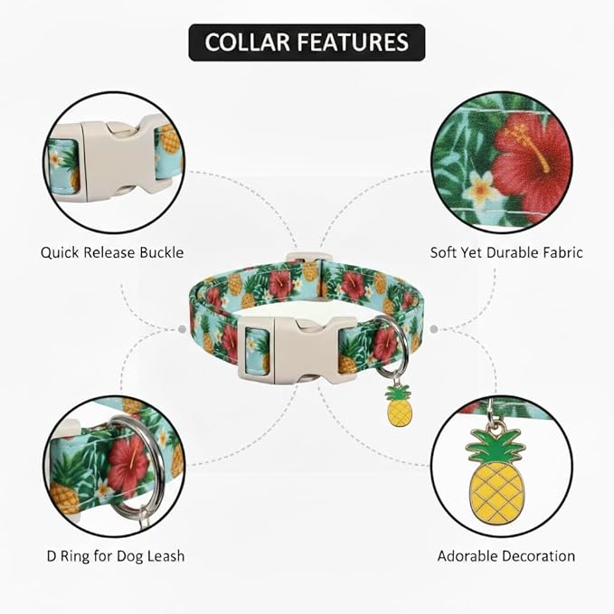 Summer Dog Collar with Tropical Pattern, Cute Dog Collar for Girl Boy Dogs, Pet Collar with Unique Print and Soft Fabric, Suitable for Medium Dogs