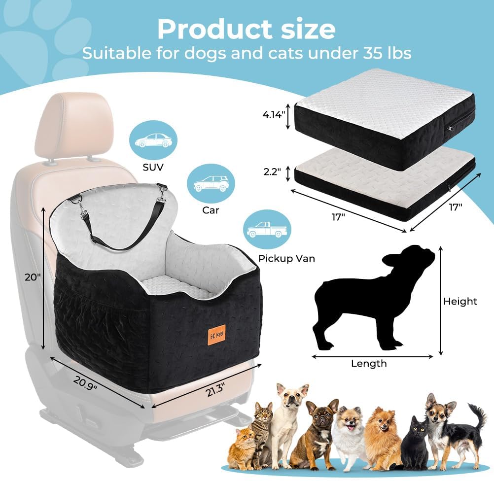 KYG Dog Car Seat for Small/Medium Dogs Under 35lbs | Waterproof, Non-Slip, Memory Foam, Harness, Removable Washable Cover, Storage Pockets, 2 Cushions (Warm/Cool)