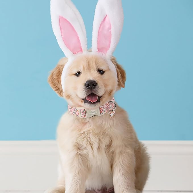 Easter Dog Collar for Large Dogs - Pink Girly Bunny Dog Collars, Cute Girl Dogs Easter Collar, Adjustable Female Spring Holiday Pet Collars with Quick Release Buckle XL