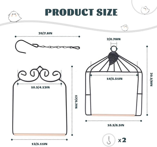 2PK Metal Frame Hummingbird Swings and Perches with Wooden Dowel Black Bird Swing Outdoor Bird Perch Humming Bird Swing