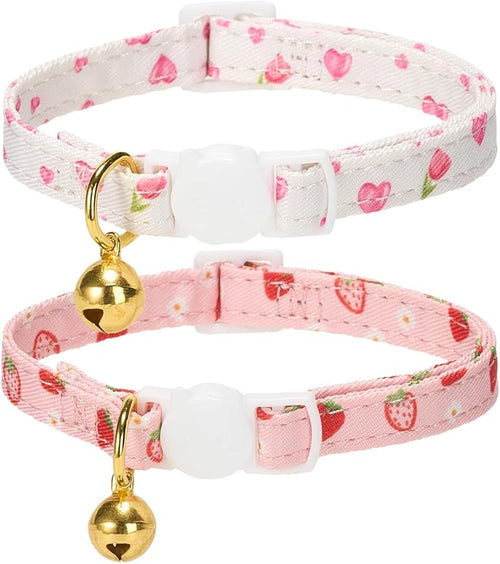 2 Pack Cat Collars, Removable Bowtie, Floral Pattern, Safety Breakaway Clasp, Adjustable for Cats.(Adult Cat, Pink Strawberry and White Heart)