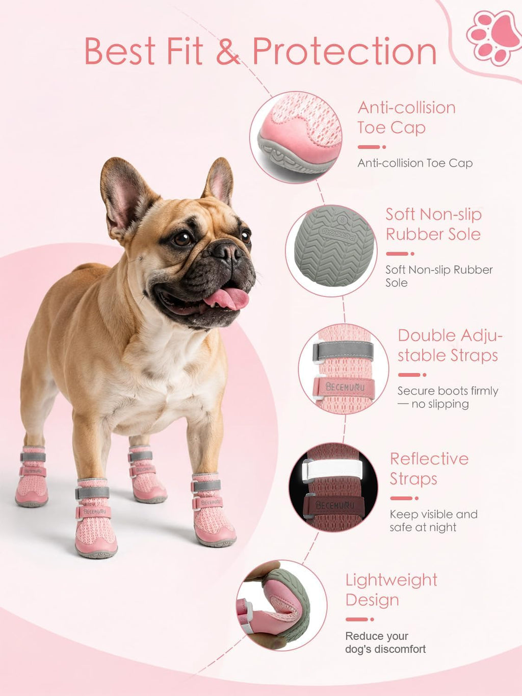 BECEMURU Dog Shoes for Summer, Double-Straps Anti-Slip Dog Boots & Paw Protectors for Hot Pavement, Breathable & Light Weight Outdoor Walking Hiking Pink Size 1