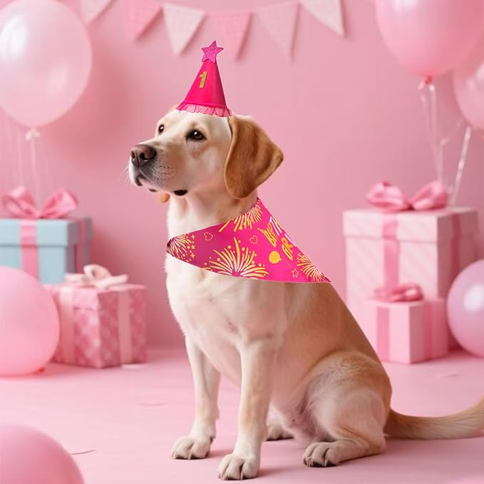 Dog Birthday Bandana Set Rose Pink, Dog Birthday Party Supplies with Hat Bandana Numbers for Small Girl Pets Puppy