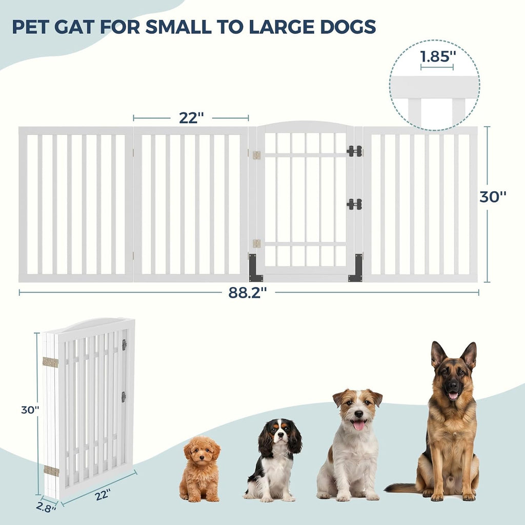 Homykic Dog Gate Indoor, 88.2" W x 30" H Extra Wide Foldable Bamboo Pet Gate with Door, No Assembly Freestanding Dog Fence with 2 Support Feet & 360°Hinges for Doorways Hallways (White, 4 Panels)