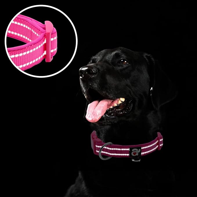 azuza Reflective Dog Collar,Soft Neoprene Padded Pet Collar with ID Tag Ring,Adjustable for Small Dogs,Hot Pink,S