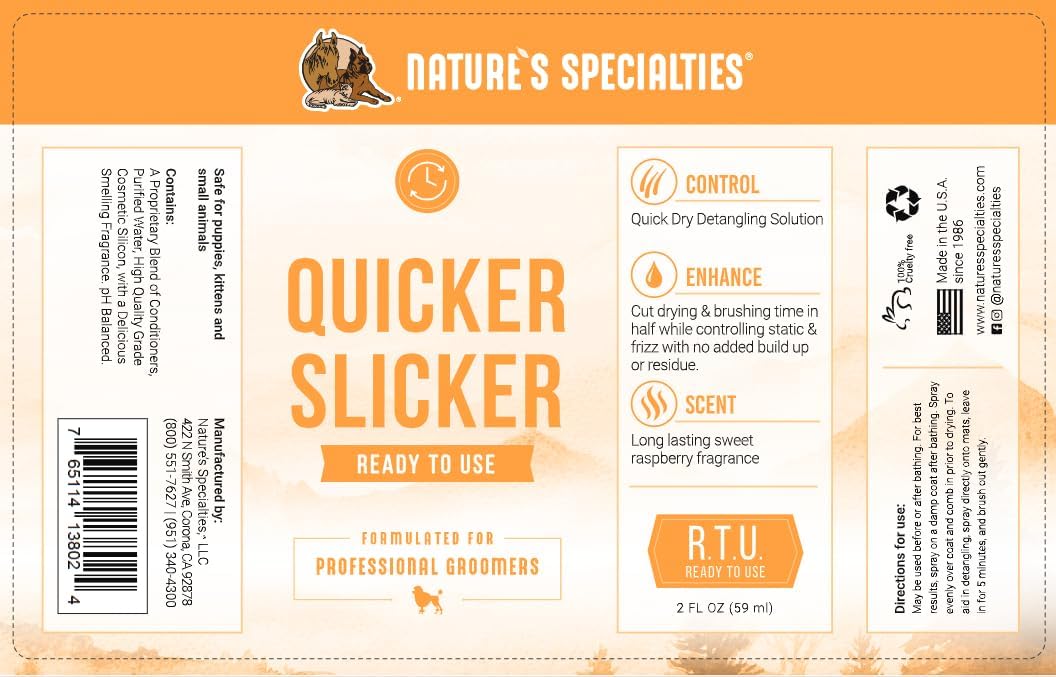 Nature's Specialties Quicker Slicker Ready to Use Detangling and Conditioning Spray, Natural Choice for Professional Groomers, Helps Restore Moisture, Made in USA, 1 gal