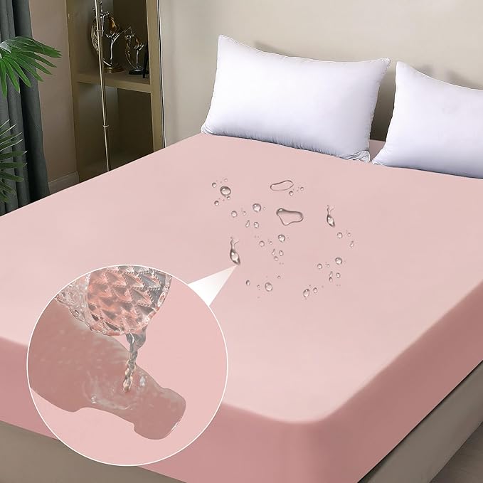 Waterproof Mattress Protector Full, Fitted Sheet Style Breathable Mattress Cover with Deep Pocket Fits Up to 18'', Noiseless Bed Cover for Kids Adults Pets, Machine Washable(Pink, 54'' X 76'')