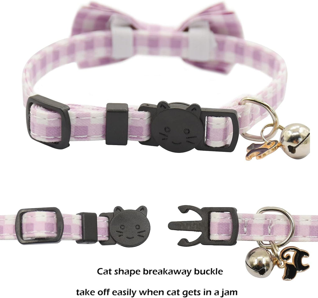 Bowtie Cat Collars Breakaway with Bell, Adjustable Cute Kitty Collars Safety Buckle Kitten Collar for Cat Puppy 7.5-11in (Purple Plaid)