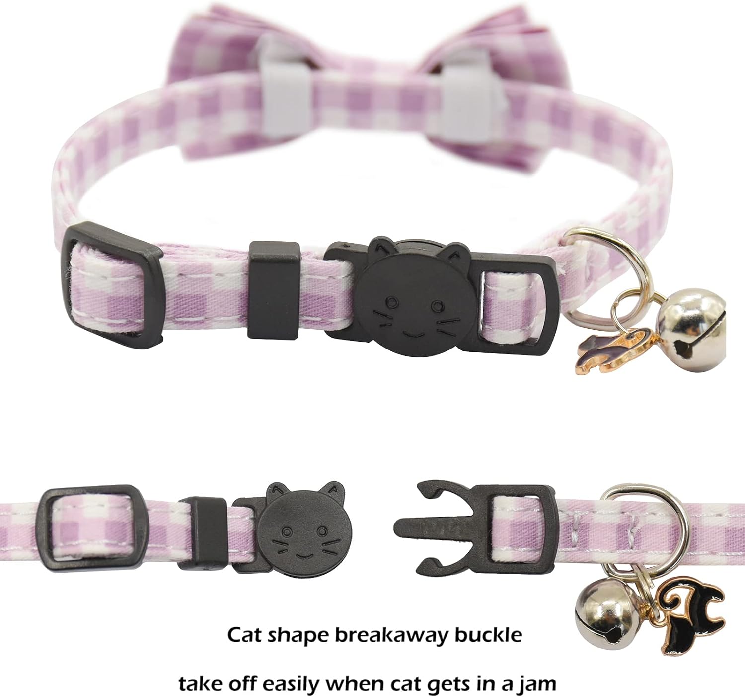 Bowtie Cat Collars Breakaway with Bell, Adjustable Cute Kitty Collars Safety Buckle Kitten Collar for Cat Puppy 7.5-11in (Purple Plaid)