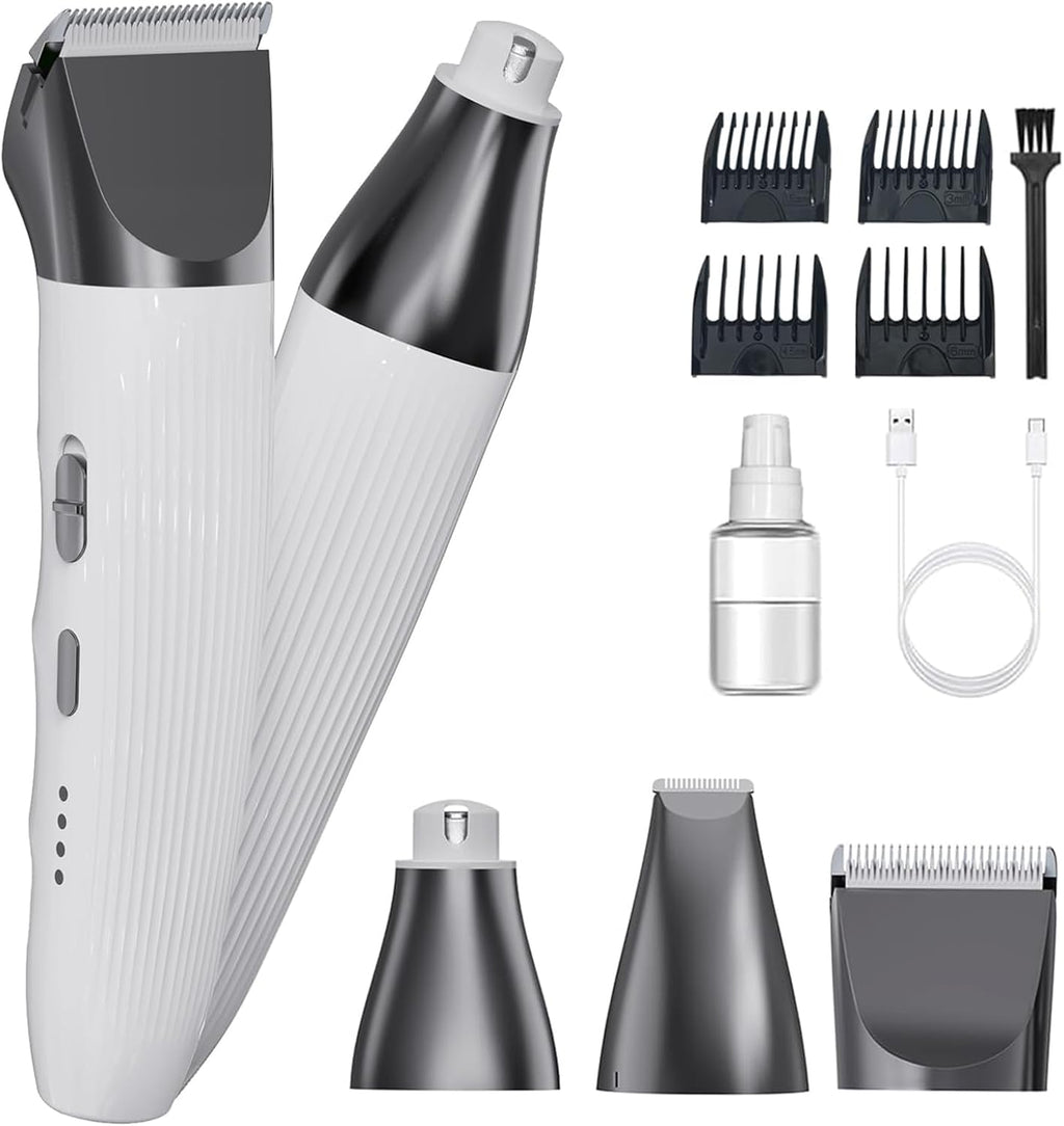 3-in-1Dog Hair Clippers Grooming Kit with Paw Trimmer- Rechargeable Cordless Quiet Nail Grinder Shaver with 4 Guide Combs for Grooming Small Medium Pets on Body,Paws, Face, Ears (White)