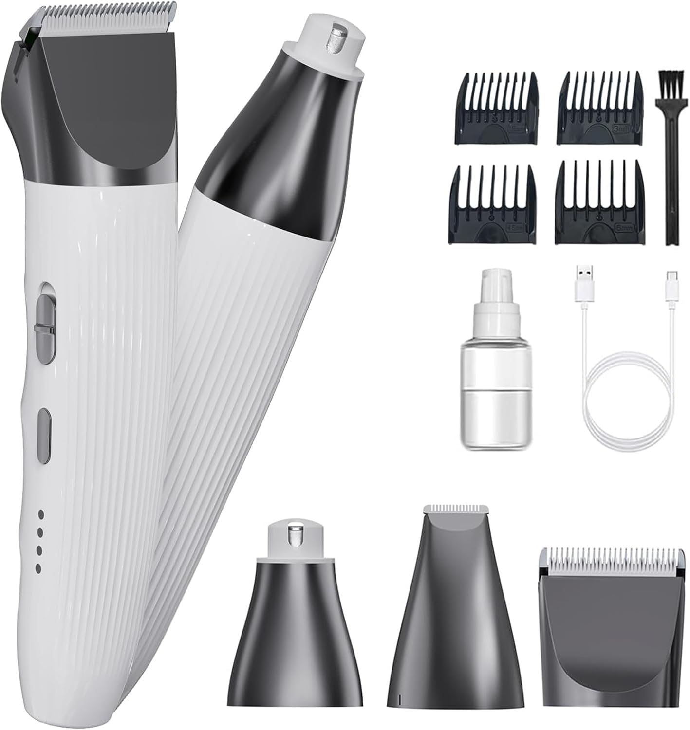 3-in-1Dog Hair Clippers Grooming Kit with Paw Trimmer- Rechargeable Cordless Quiet Nail Grinder Shaver with 4 Guide Combs for Grooming Small Medium Pets on Body,Paws, Face, Ears (White)