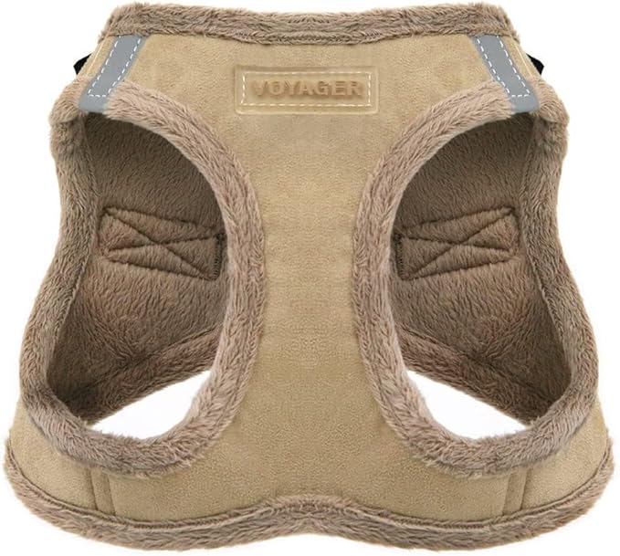 Best Pet Supplies - All Weather Plush, Reflective, No Pull Harness for Small, Medium Dogs, Cats - Secure with Hook & Loop Fastener, Buckle, Double D-Rings - Latte Suede, L