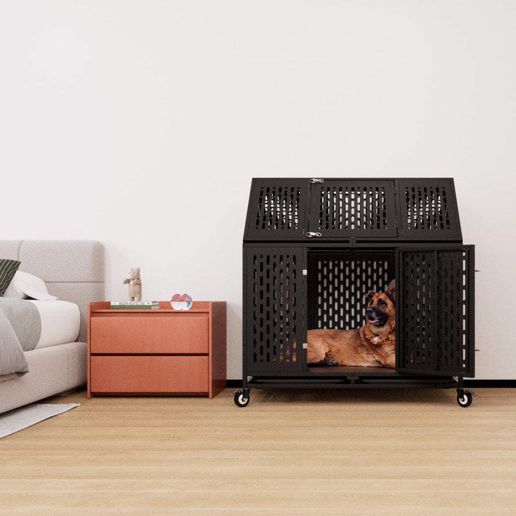 44 Inch Heavy Duty Indestructible Dog Crate with Wheels, Steel Escape-Proof Indoor Double Door High Anxiety Cage, Durable Chew-Proof Kennel with Removable Tray for Large Medium Dogs