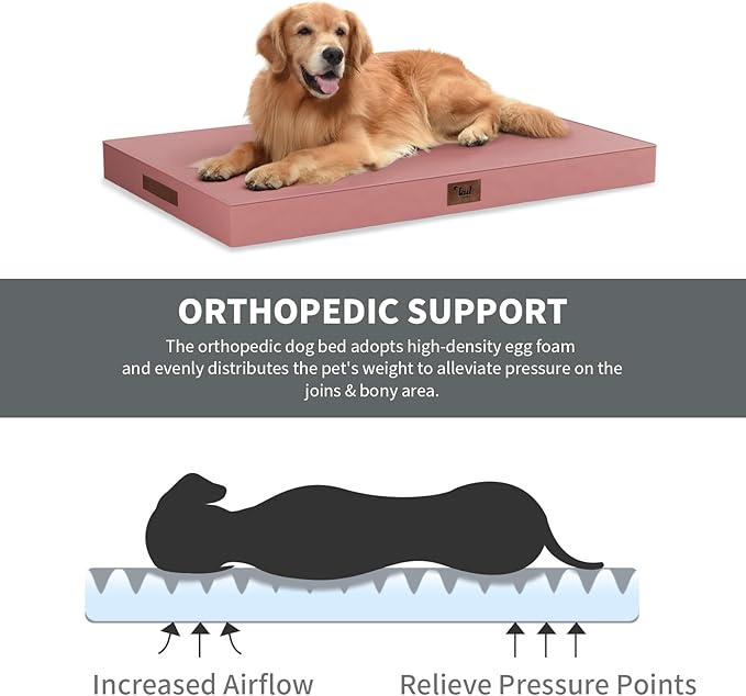 Outdoor Extra Large Dog Crate Bed, XXL Waterproof Dog Bed for Giant Breeds Dogs, 47x29 Inch Orthopedic Egg Crate Foam Pet Mat with Removable Cooling Cover, Pink