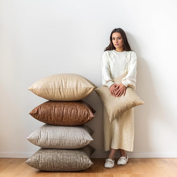 Oversized Vintage Decorative Pillow Covers, Pack of 2 Soft Rustic Abrasion Leather Throw Pillow Covers, for Home Decor Outdoor Waterproof Pet Hair Resistant Cushion Cover 26x26 inch Grey