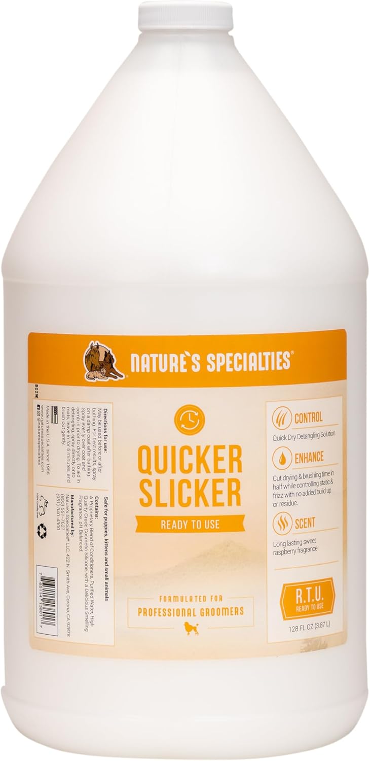 Nature's Specialties Quicker Slicker Ready to Use Detangling and Conditioning Spray, Natural Choice for Professional Groomers, Helps Restore Moisture, Made in USA, 1 gal
