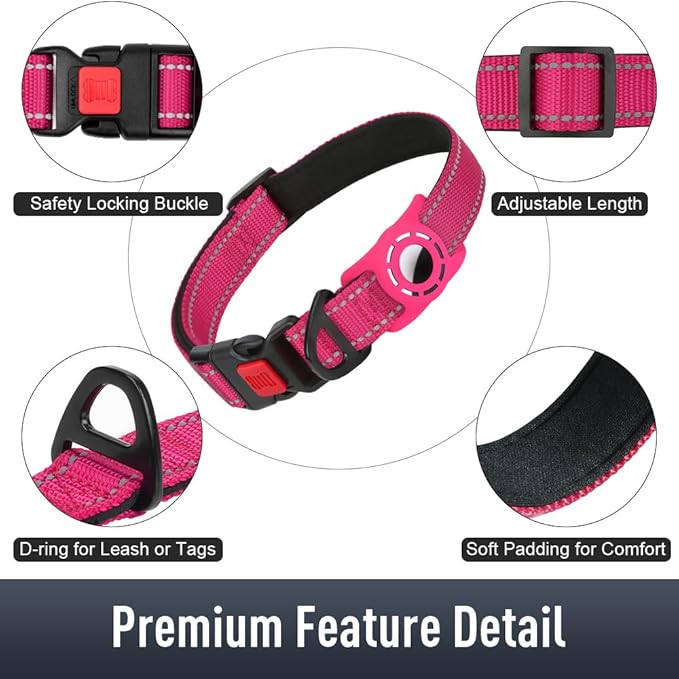 Airtag Dog Collar with AirTag Holder for Large Dogs, Reflective, Soft Padded & Safety Locking Buckle, Nylon Pet Collars Adjustable for All Breeds, Hotpink,XL