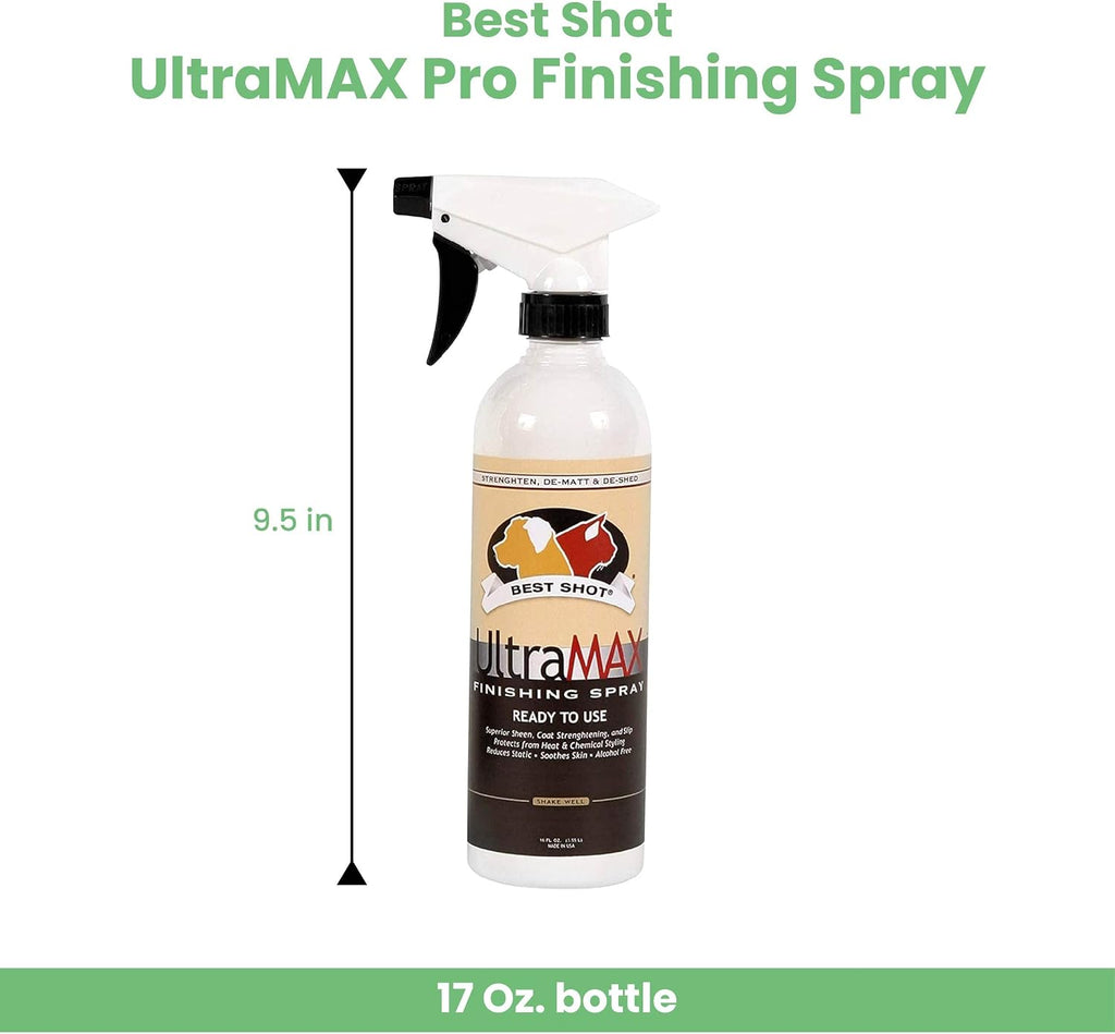 Best Shot UltraMAX Pro Finishing Spray, Ideal Detangler Spray for Pets, Hydrating and Soothing Pet Grooming Spray, for Dogs and Cats, 17 Oz. | Alcohol-free, adds sheen, detangles, hydrates, reduces static and speeds drying