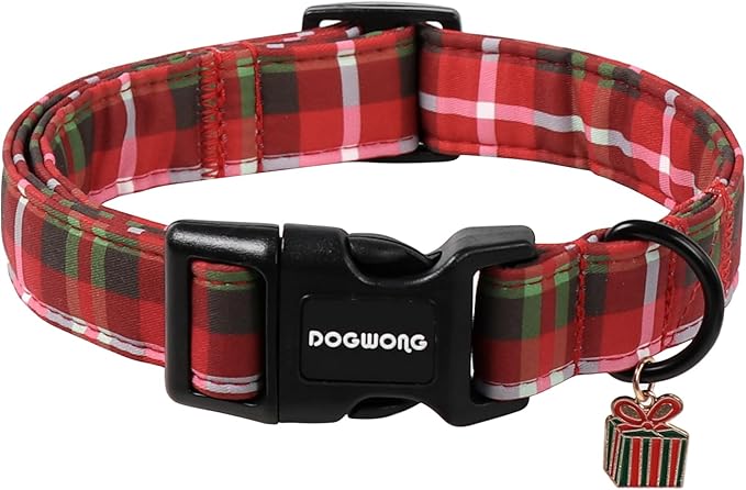 DOGWONG Christmas Plaid Dog Collar, Cute Adjustable Red Collar for Boy and Girl Dogs, Dog Collar with Strong Plastic Buckle for Small Medium Large Dogs,M